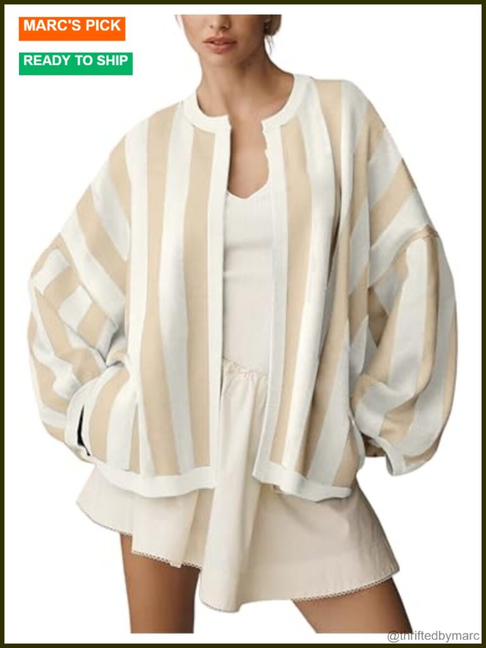 Loose Fit Striped Cardigan Long Balloon Sleeves Open Front Knit Sweater